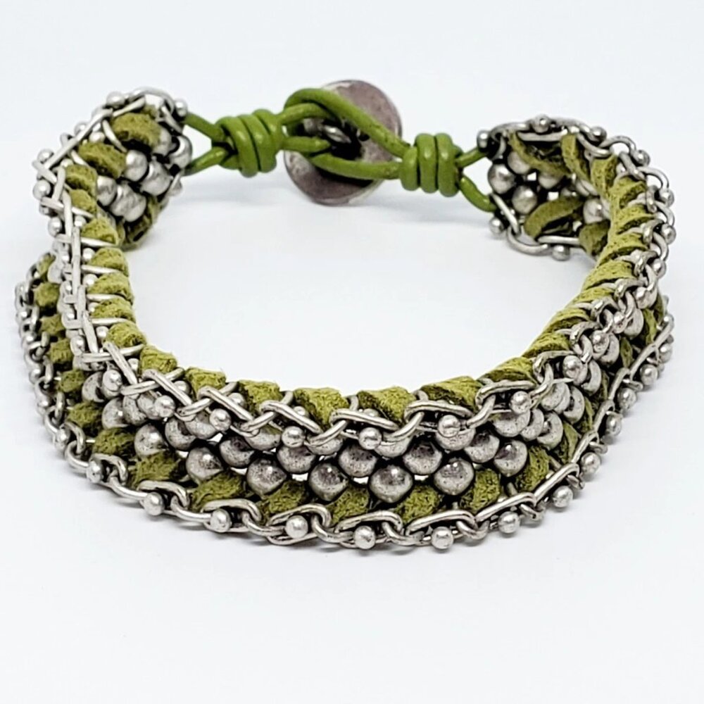 Fossil Silver Tone Green Tone Braided Bracelet